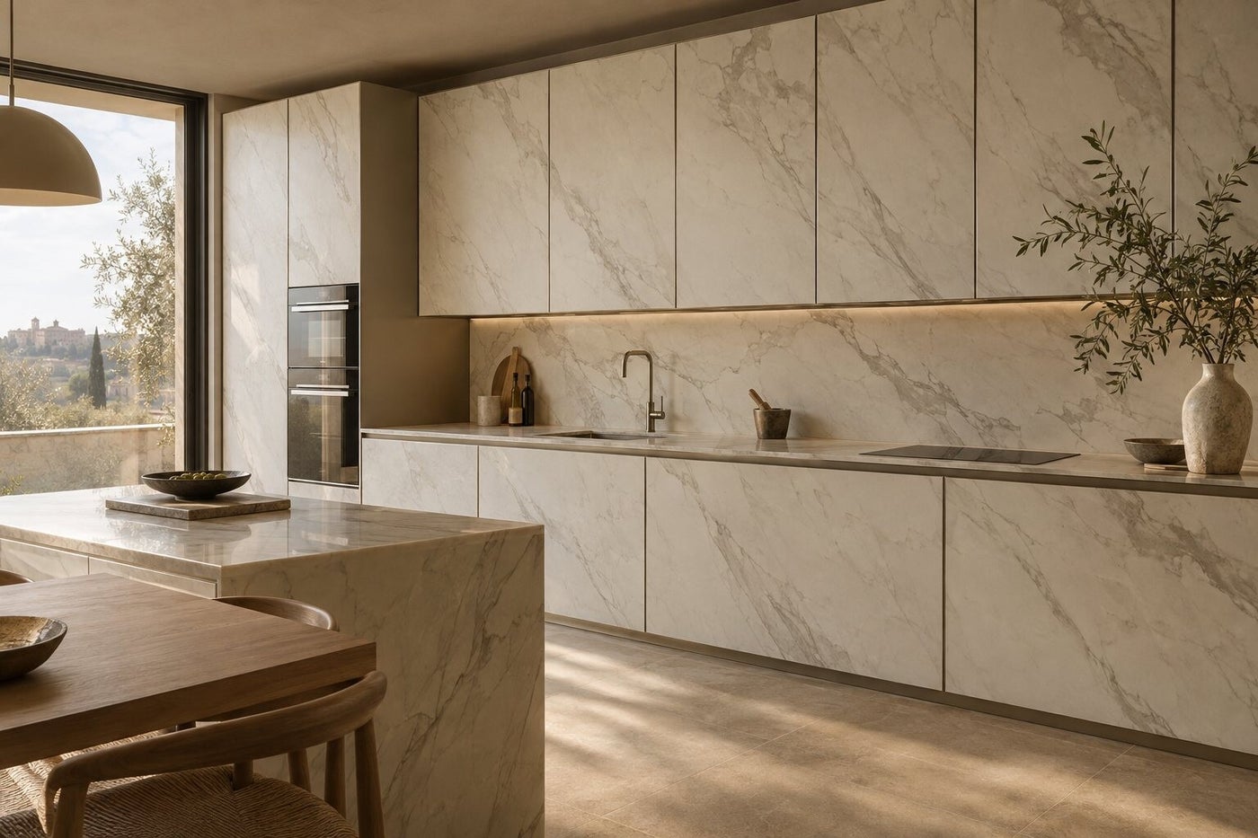 Cucina con ante effetto marmo bianco venato e isola