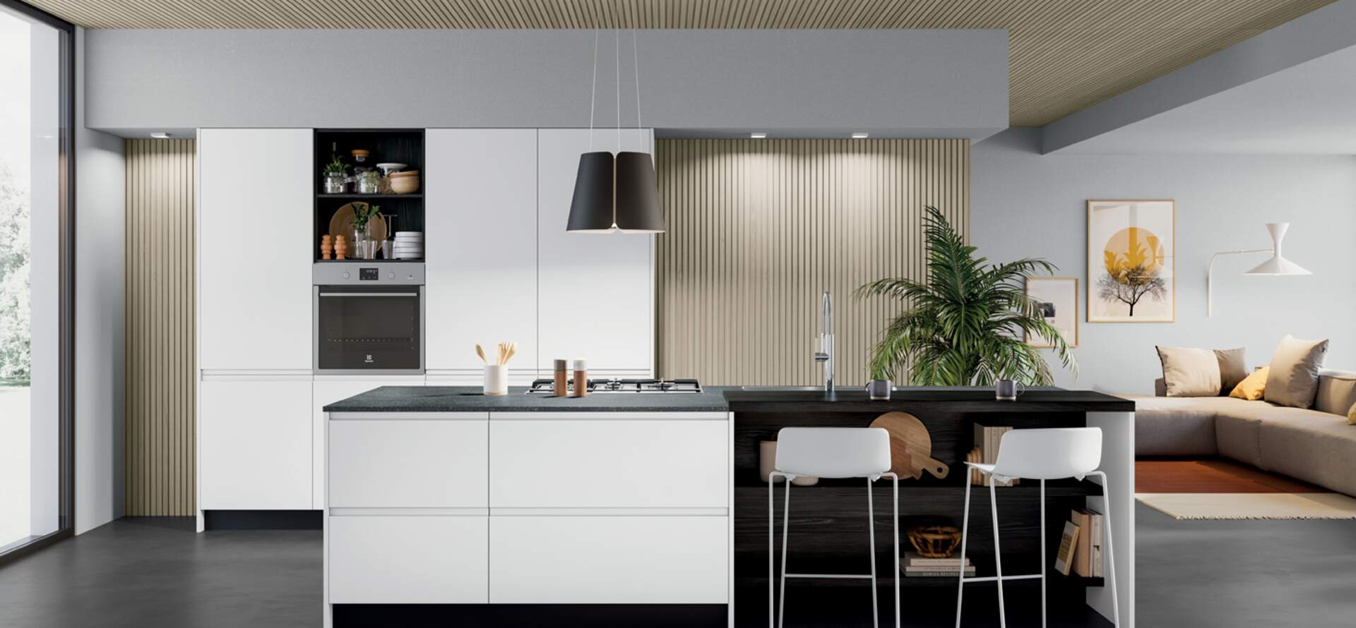 Cucina Fly minimal con isola, senza maniglie