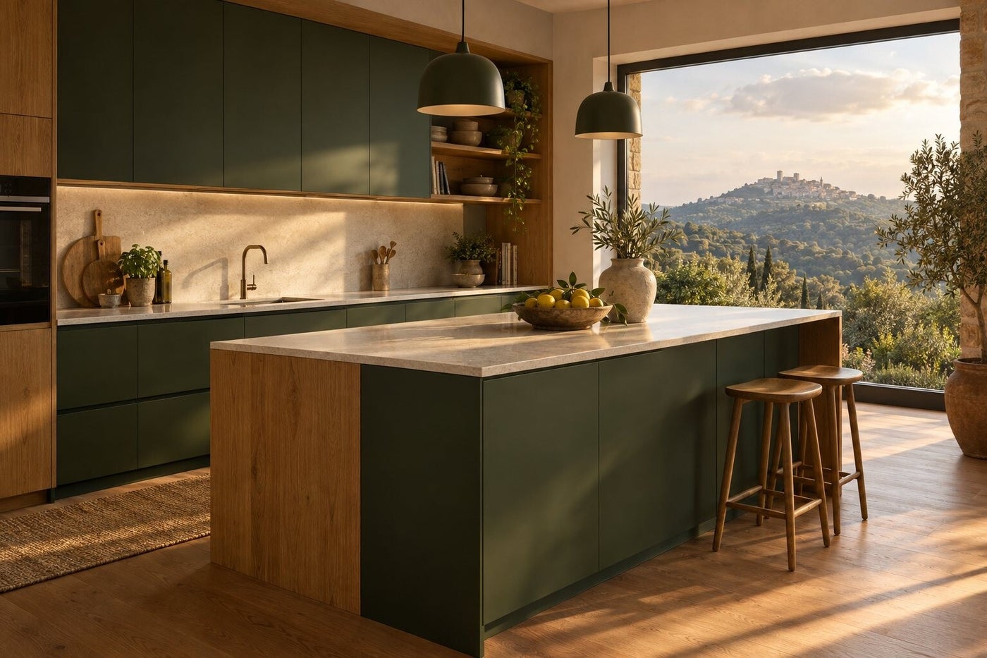 Cucina moderna con isola, ante verde bosco opaco e rovere, vista sulle colline