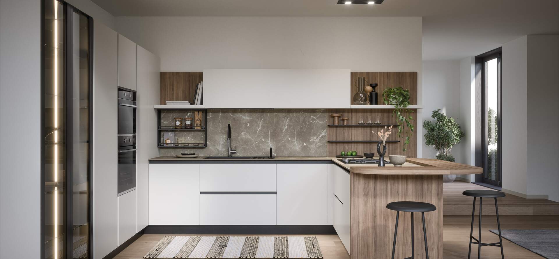 Cucina Luce laccata a U con dettagli in legno