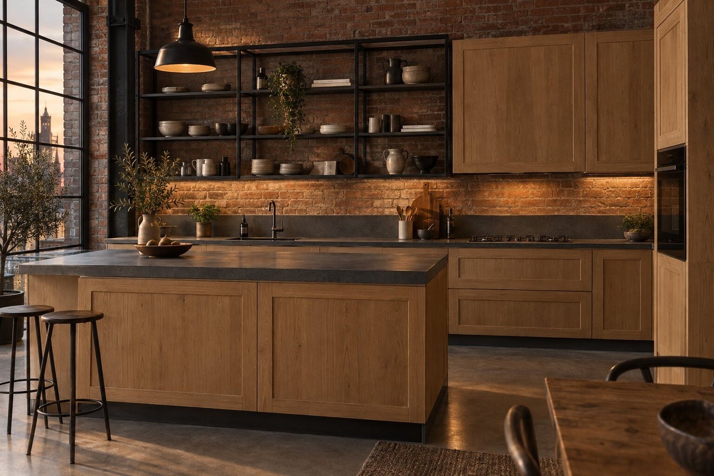 Cucina industriale con ante a telaio in rovere e mensole in metallo nero