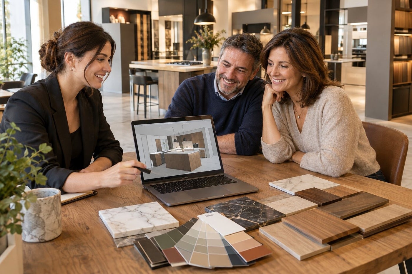 Progettista mostra a una coppia il progetto 3D della cucina con campioni di materiali sul tavolo